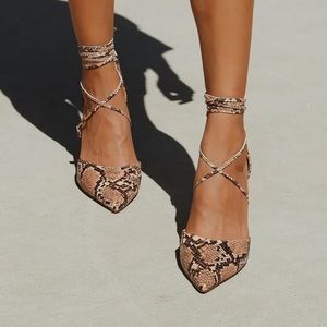 Like new! Lulus Marie Tan Snake Print Lace-Up Heels